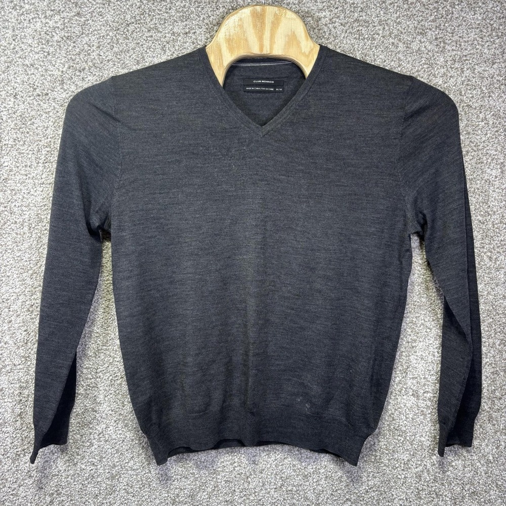 Club Monaco Sweater Mens Medium Gray 100% Merino Wool V Neck Knit Pullover